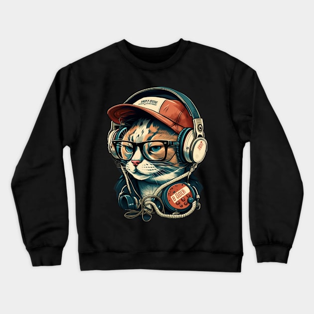 Cat Jam Session- Headphones On Crewneck Sweatshirt by Starry Street